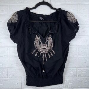 Poetry Clothing Peasant Top Womens Medium Black Embroidered Boho Smocked Tassel